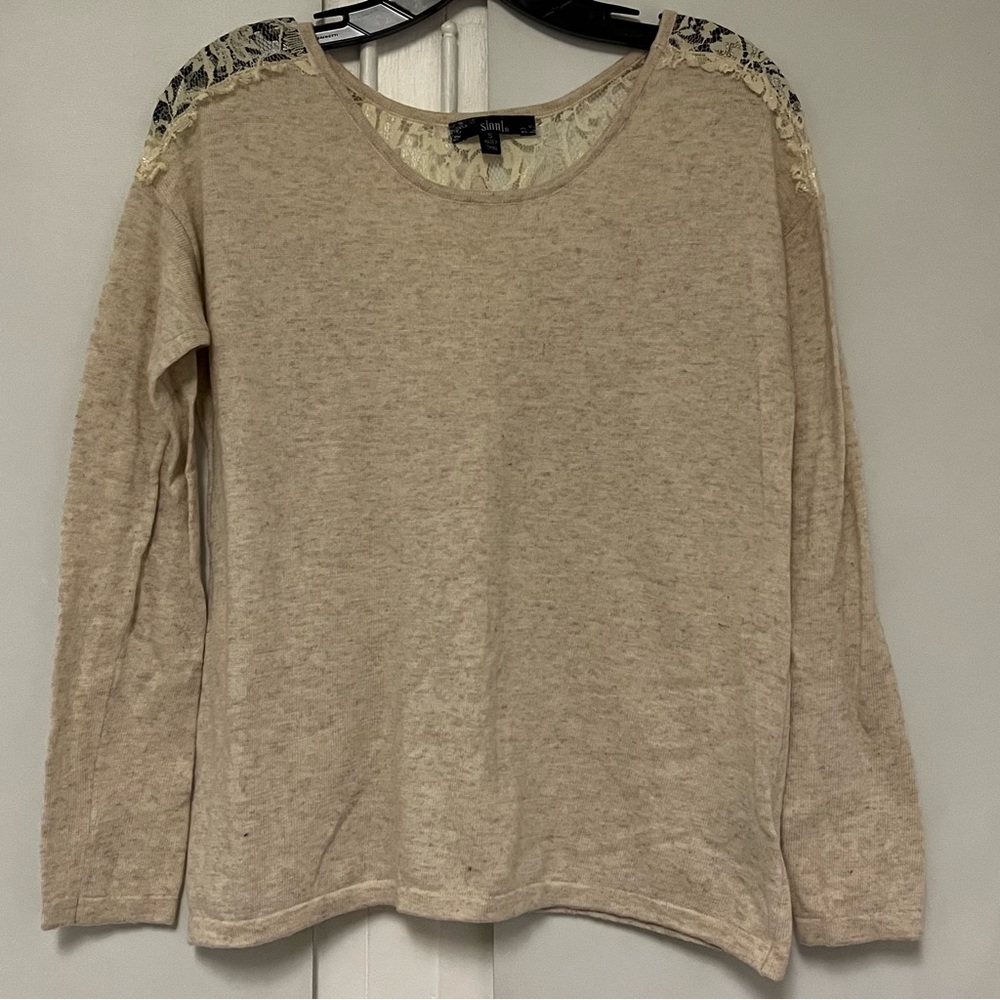 Sioni Cream Cashmere Blend Sweater with Sheer Lace Partway Down Back, Small